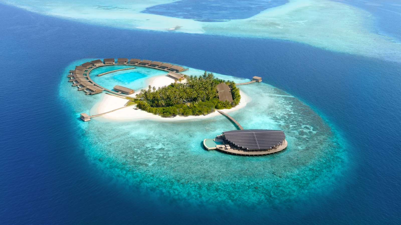 Fifteen overwater residences around a private island.